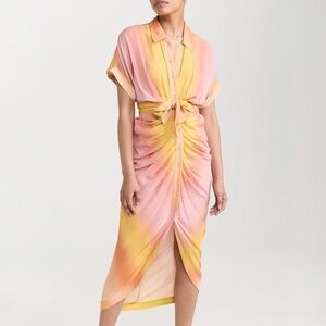 Le Superbe Miko Dress Sz 8 Ombré Ruched Silky Belted Dolman Sleeve Midi Sundress